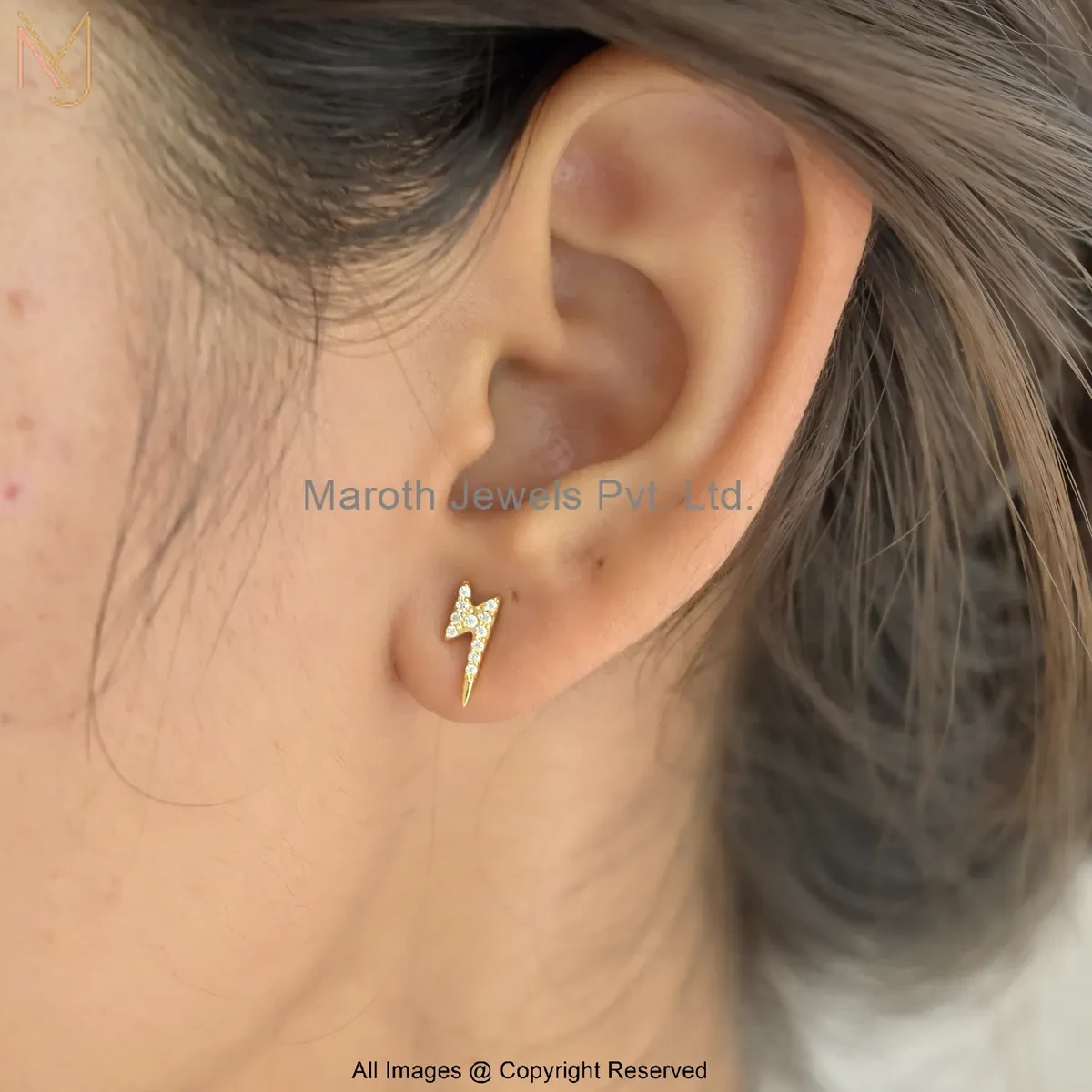 925 Silver Yellow Gold Plated Moissanite Gold Finish Lightning Bolt Stud Earring Jewelry Supplier