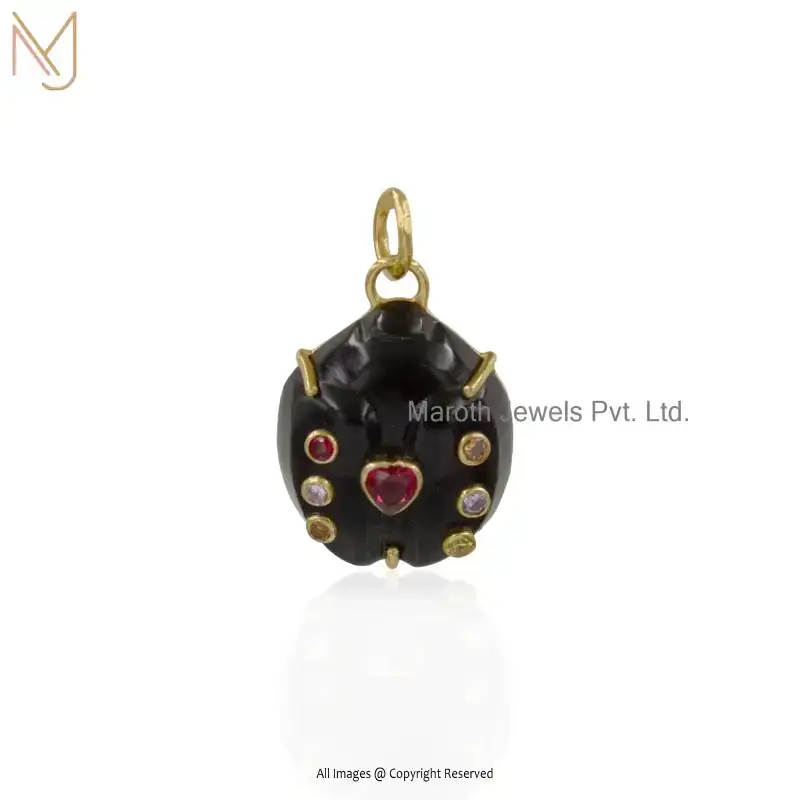 Private Lable 14K Yellow Gold Lapiz Lazuli & Multi Gemstone Ladybug Charm Pendant