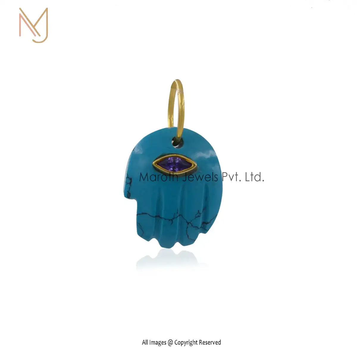 14K Soild Yellow Gold Tiger Eye Figa Hand Amethyst Pendant Jewelry USA