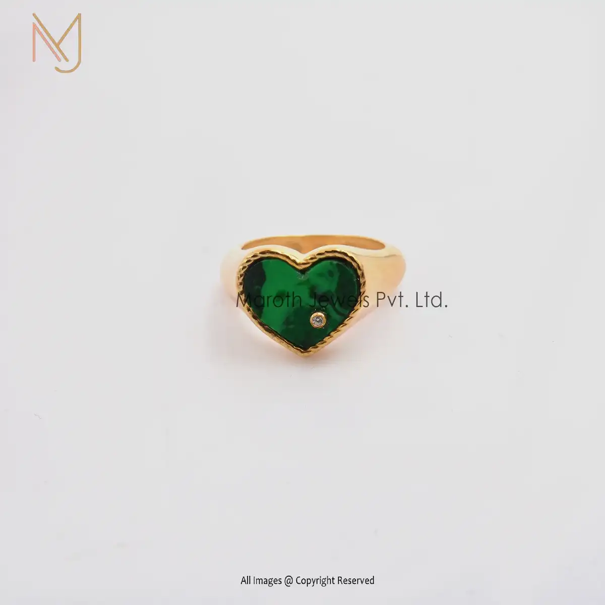 14K Yellow Gold Malachite With White Topaz Heart Ring Manufacturer