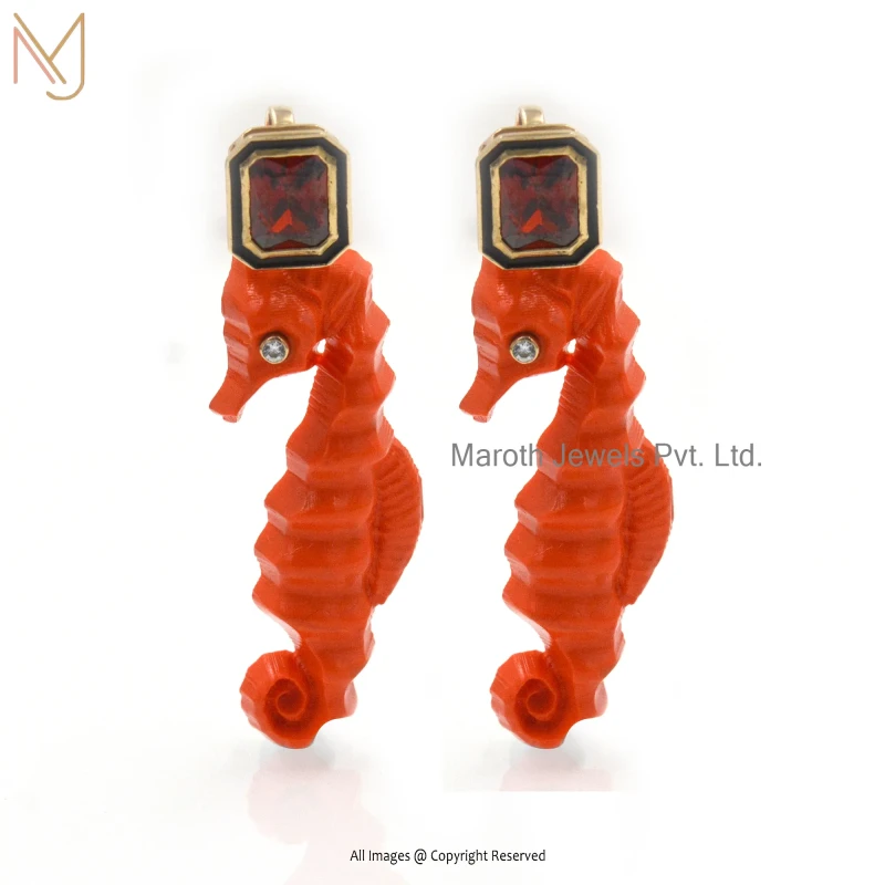 14K Yellow Gold Orange Coral , Cubic Zircon , Black Enamel Gemstone Seahorse Pendant USA