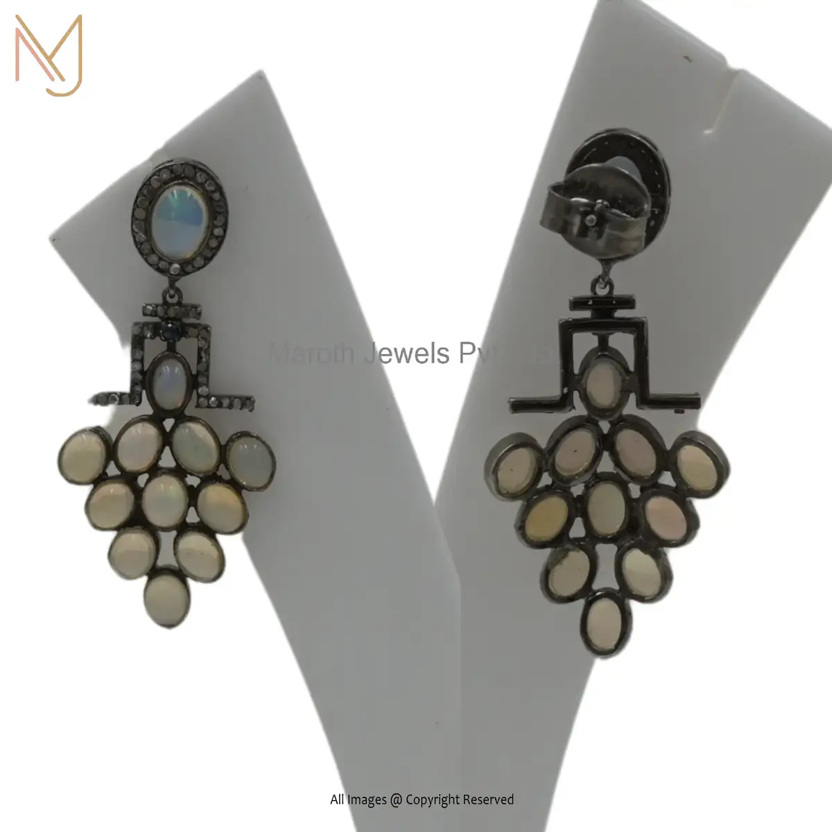 925 Silver Rhodium Opal And Diamond Beautiful Designer Drop Earring Custom Jewelry