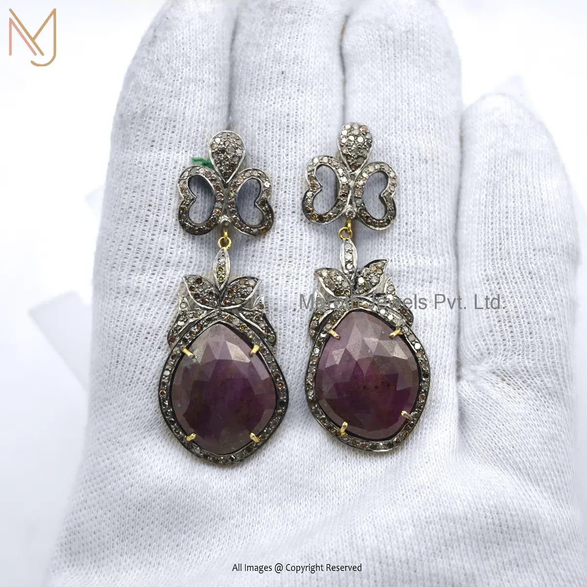 14K Yellow Gold Pave Diamond And Ruby Gemstone Drop Earring Custom Jewelry