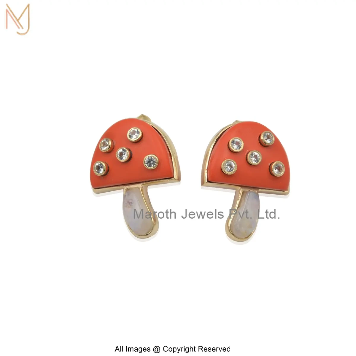 925 Silver Yellow Gold Plated Diamond Gemstones Mushroom Stud Earring Jewelry Supplier
