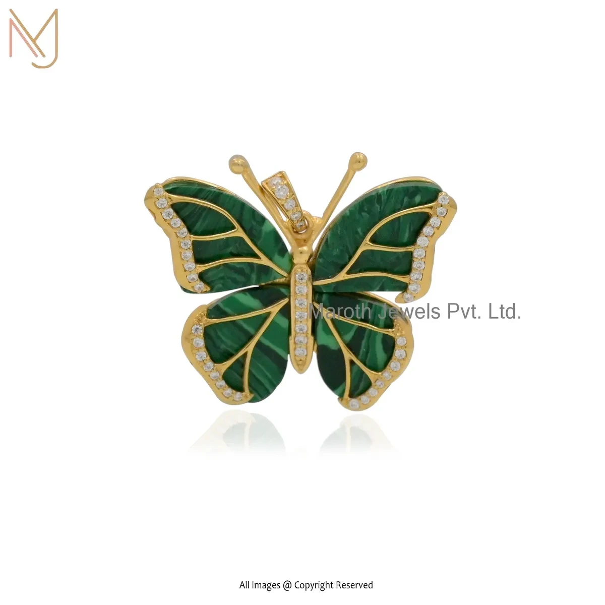 Wholesale 14K Yellow Gold Malachite And Moissanite Butterfly Pendant