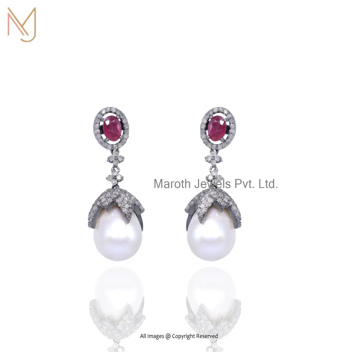 925 Silver Rhodium Plated Diamond Pearl Gemstone Drop Earring Jewelry Supplier