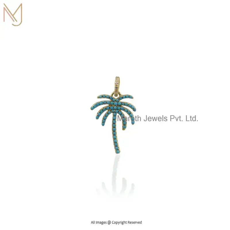Wholesale 14K Yellow Gold Turquoise & Cubic Zircon Palm Tree Pendant