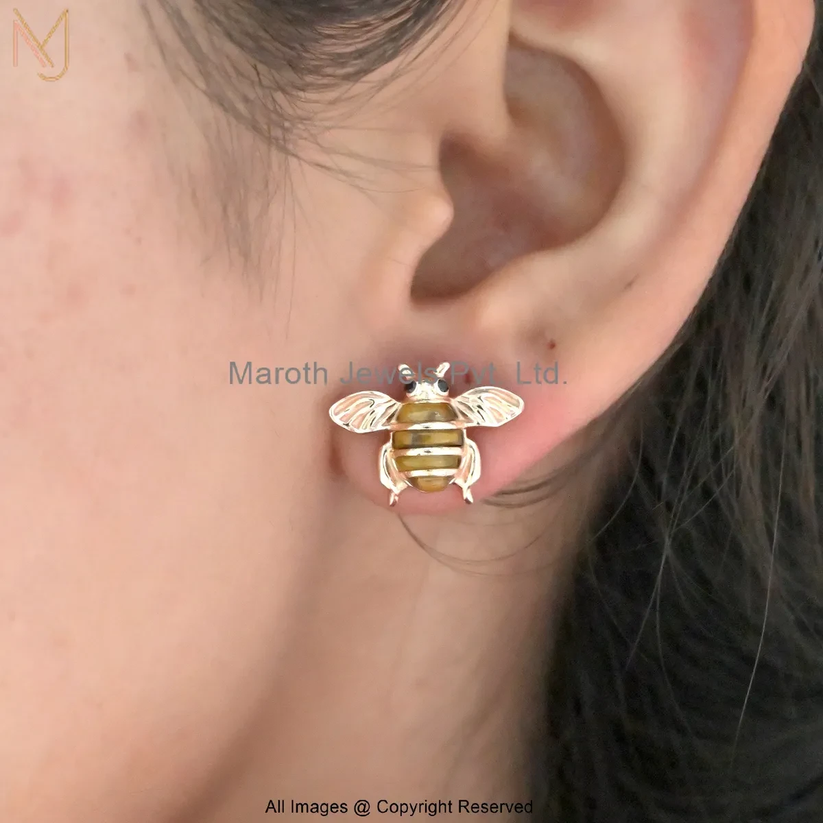 14K Yellow Gold Cubic Zircon Gemstone Honey Bee Stud Earring Custom Jewelry