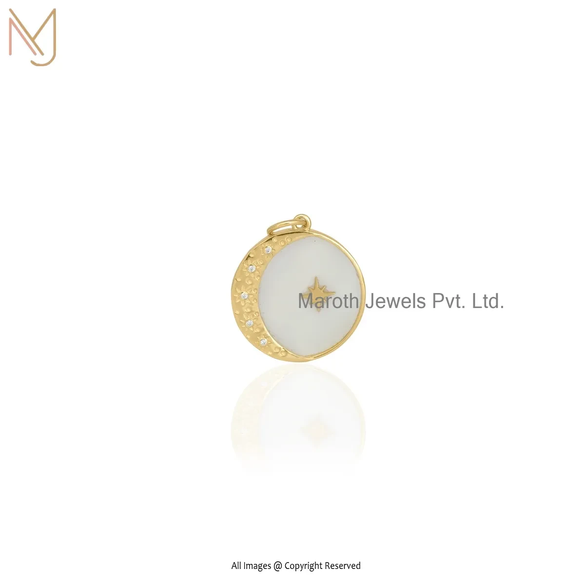 Private Lable 14K Yellow Gold Cubic Zircon & Mother Of Pearl Gemstone Moon Star Pendant