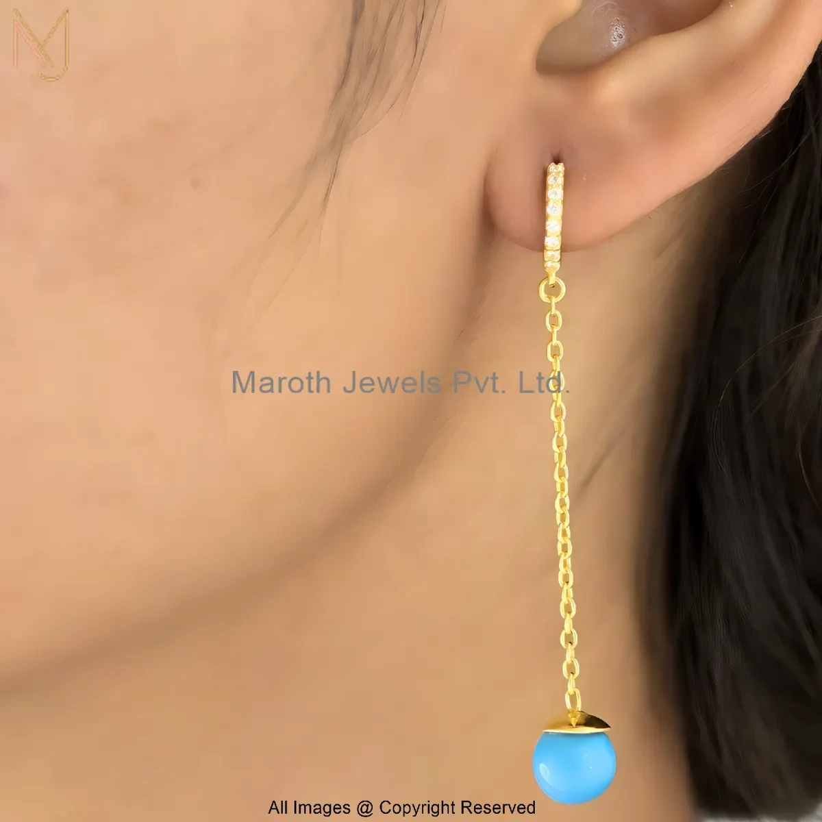 925 Silver Yellow Gold Plated Cubic Zircon Minimal Turquoise Chain Drop Earring Jewelry Supplier