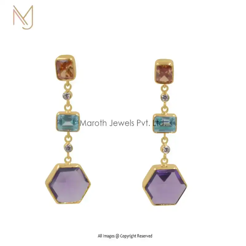 14K Yellow Gold CZ Citrine Blue Topaz Amethyst Plated Synthic Gemstone Hoop Earrings Manufacturer