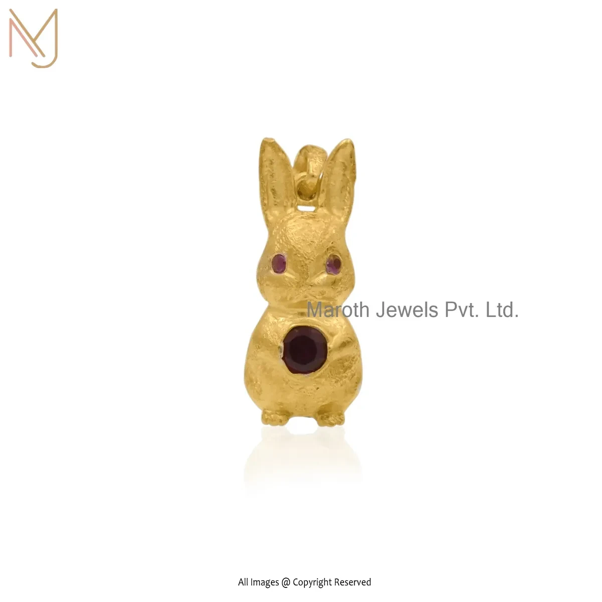 14K Yellow Gold Ruby Cubic Zircon Bunny Rabbit Charm Pendant Jewelry USA