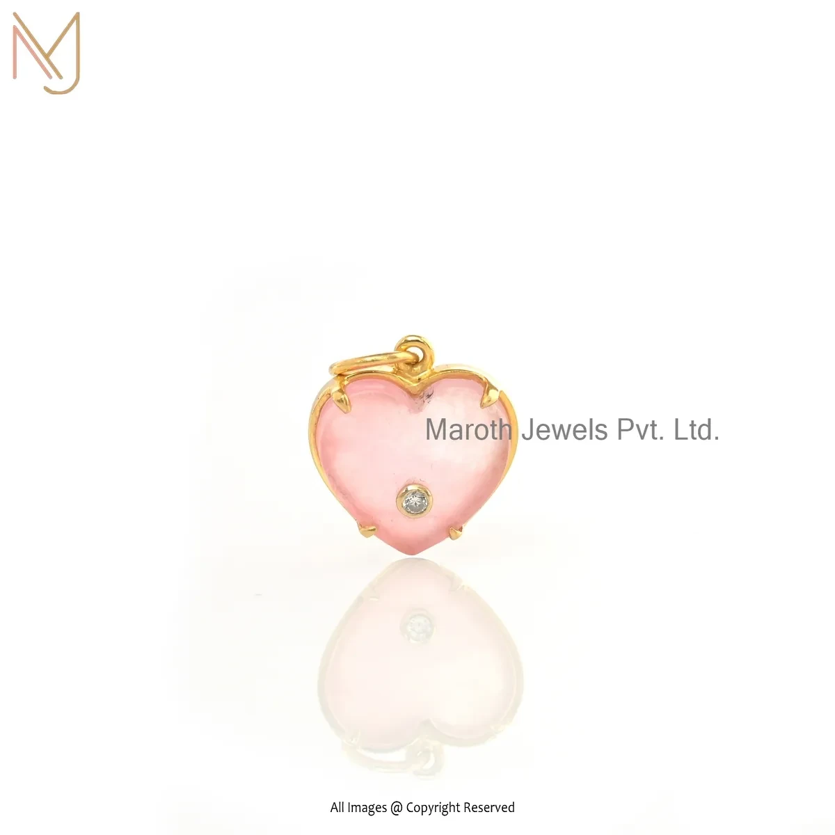 Private Lable 14K Yellow Gold Cubic Zircon & Pink Onyx Gemstone Heart Pendant