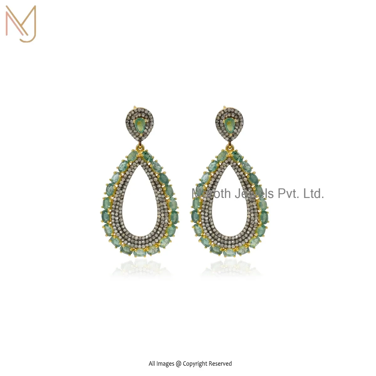 Wholesale 14K Yellow Gold Pave Diamond And Emerald Teardrop Earring
