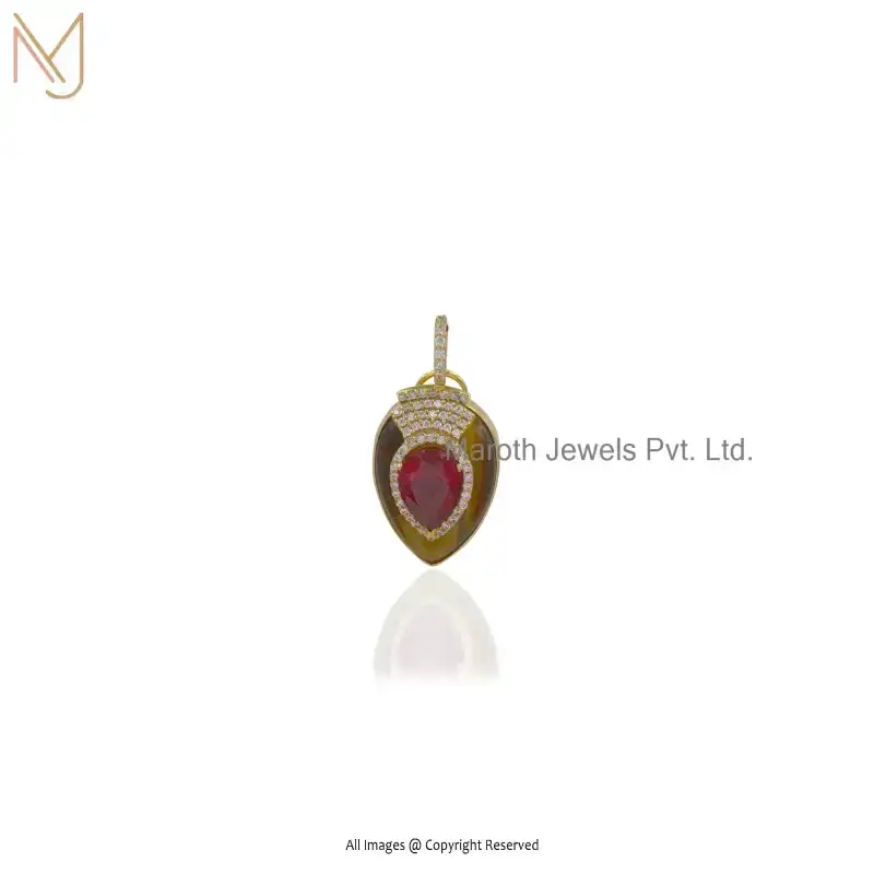 14K Yellow Gold Tiger Eye CZ Pink Cubic Zircon Carved Nomad Inlay Charm Pendant USA