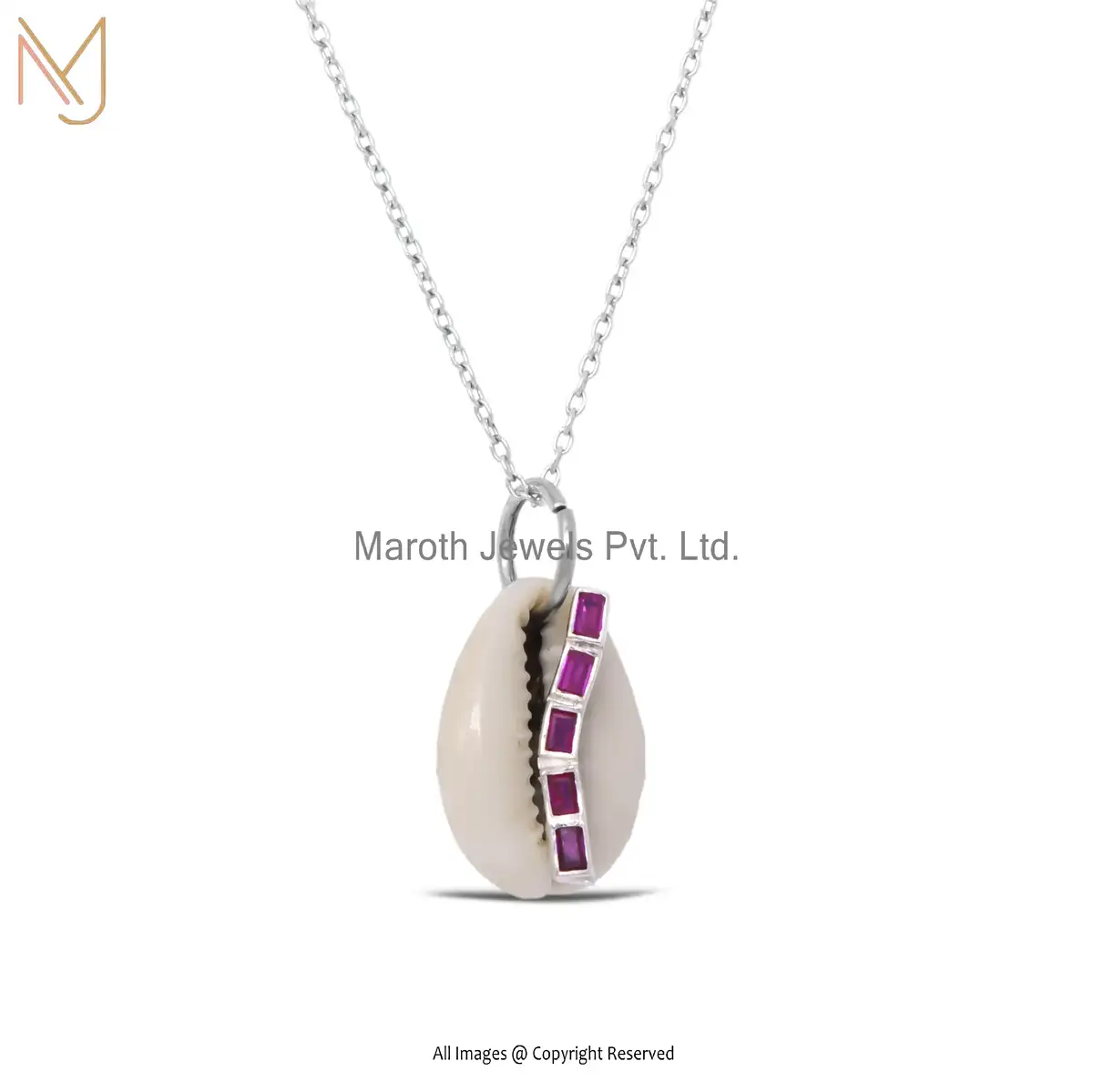 14K White Gold Cowrie Shell Ruby Pendant Necklace Manufacturer