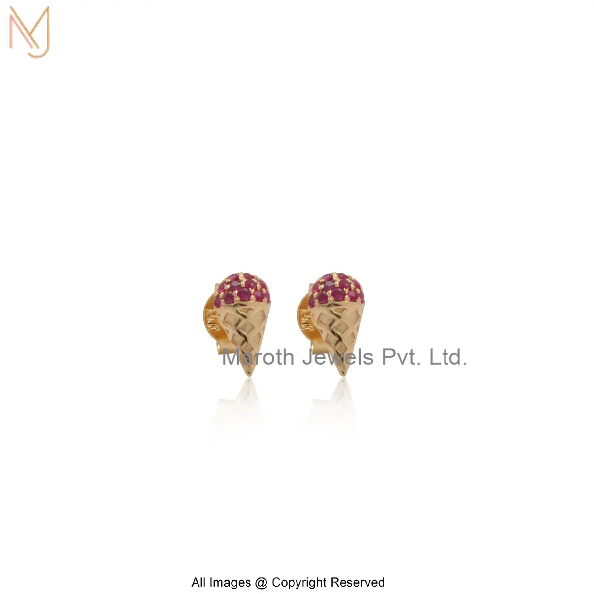 925 Silver Yellow Gold Plated Ruby Ice Cream Cone Stud Earring Manufacturer