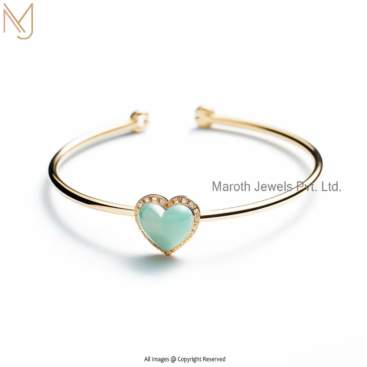 Wholesale 925 Silver Yellow Gold Plated Amazonite And Cubic Zircon Heart Bangle