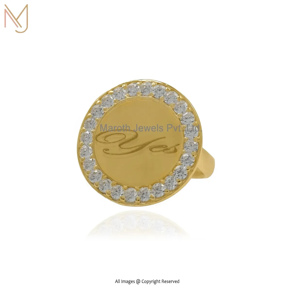 14K Yellow Gold Cubic Zircon Disc Initial Letter Ring Manufacturer