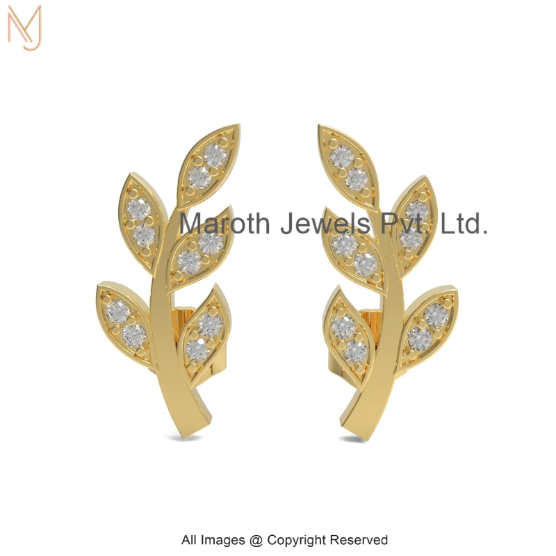 925 Silver Yellow Gold Plated Diamond Cubic Zircon Sparkling Elegant Gold Leaf Stud Earring USA