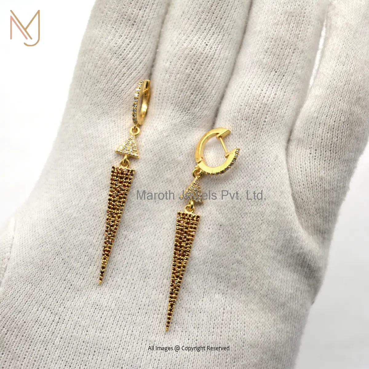 14K Yellow Gold Pave Diamond Gemstone Handmade Designer Spike Dangle Earring USA