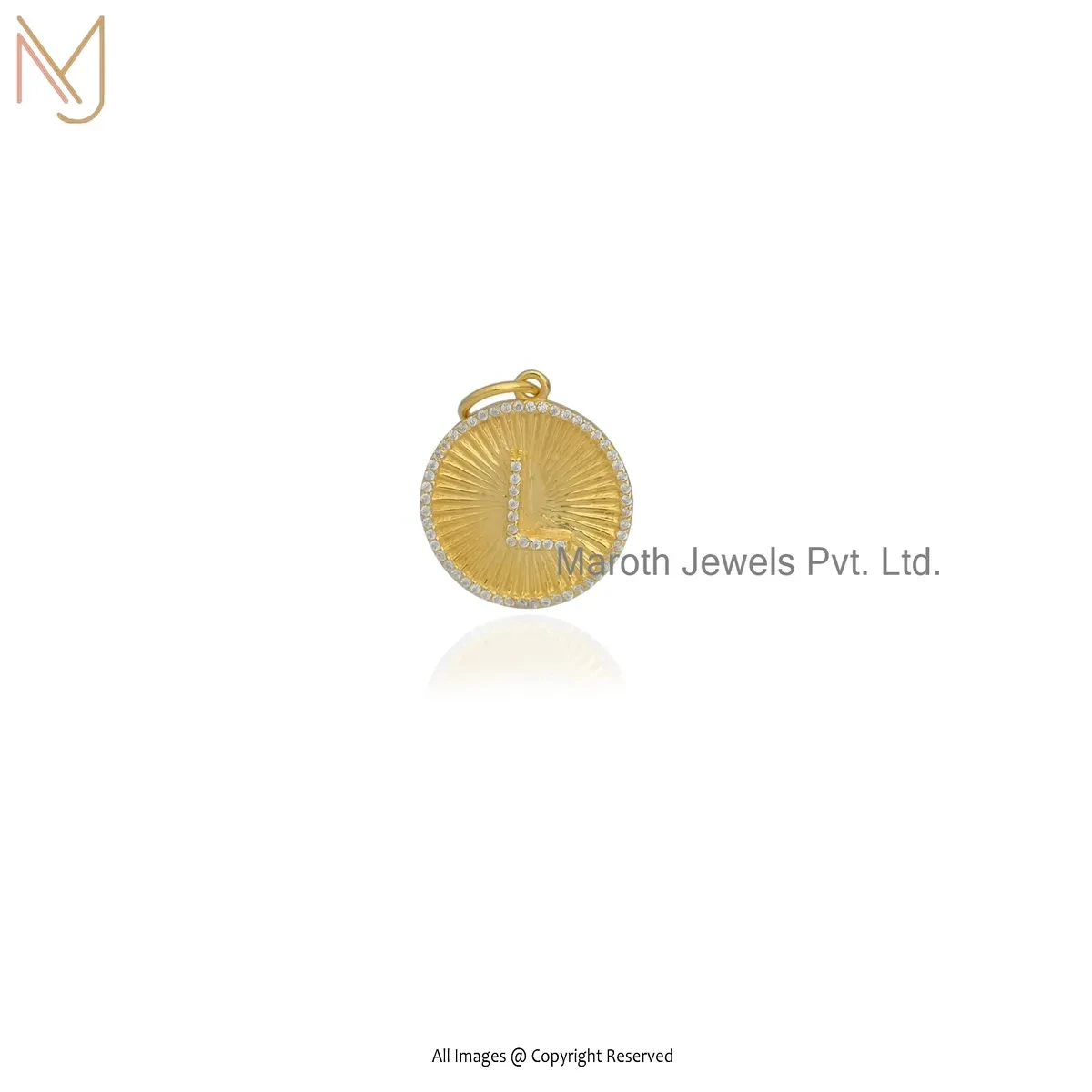 Wholesale 925 Silver Yellow Gold Plated Cubic Zircon Fluted Disc Medallion Initial L Letter Pendant