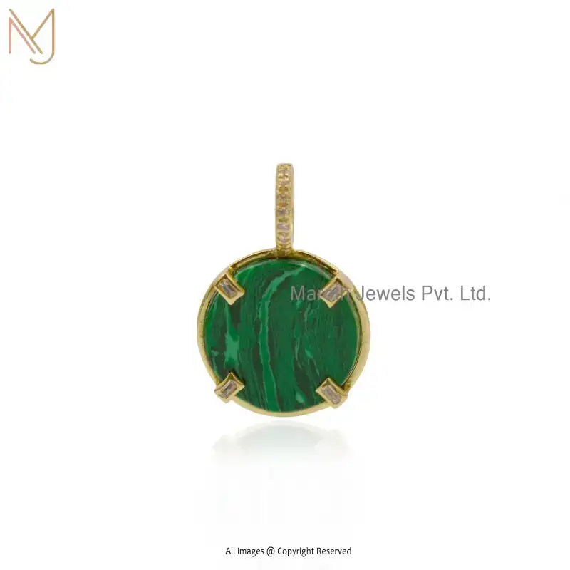 14K Yellow Gold Malachite & White Cubic Zircon Gemstone Round Disc Pendant USA