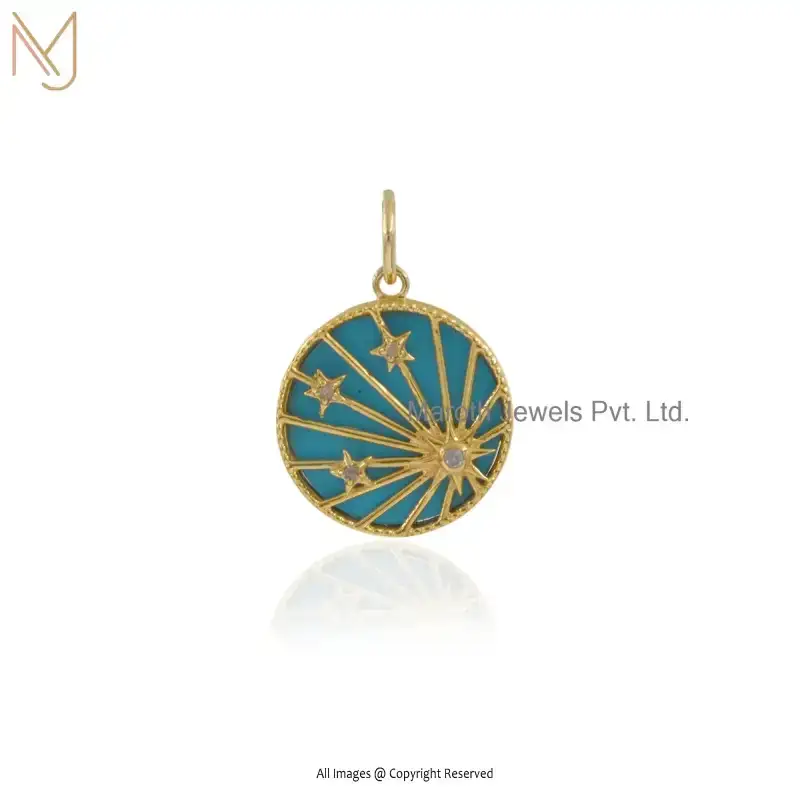 14K Yellow Gold Turquoise & Diamond Star Disc Pendant Jewelry Supplier