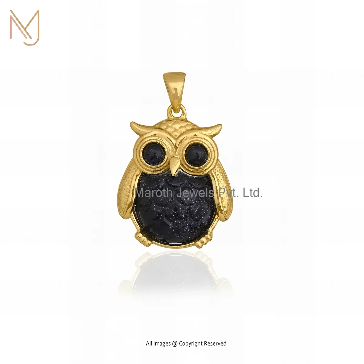925 Silver Yellow Gold Plated Blue Sunstone Owl Pendant Custom Jewelry