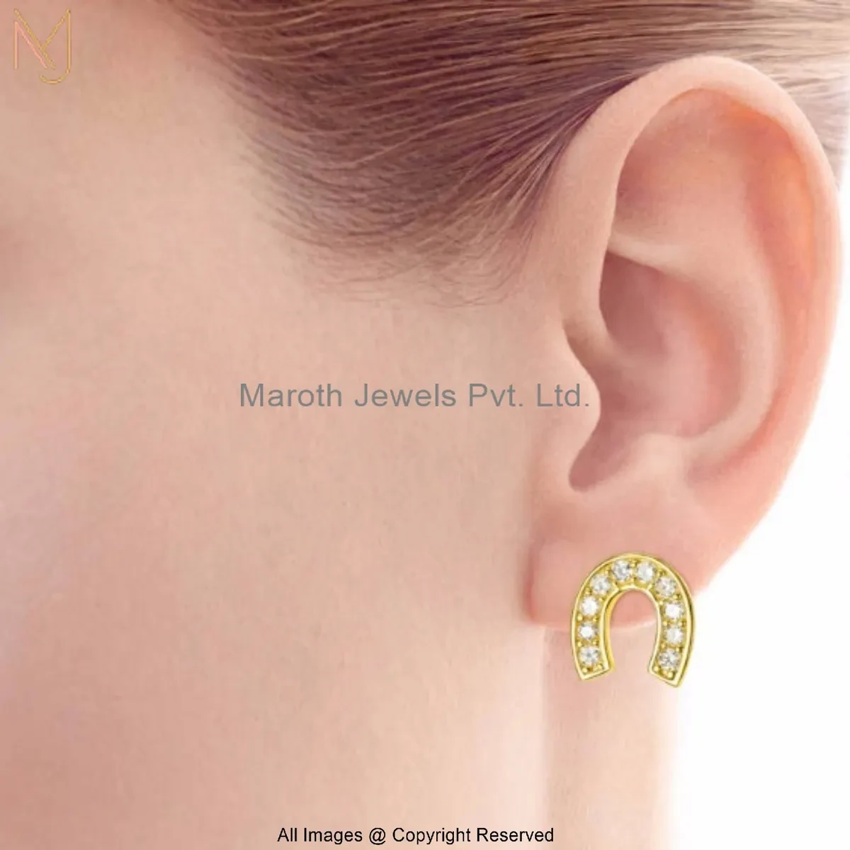 925 Silver Yellow Gold Plated Pave Diamond Horseshoe Stud Earring Custom Jewelry