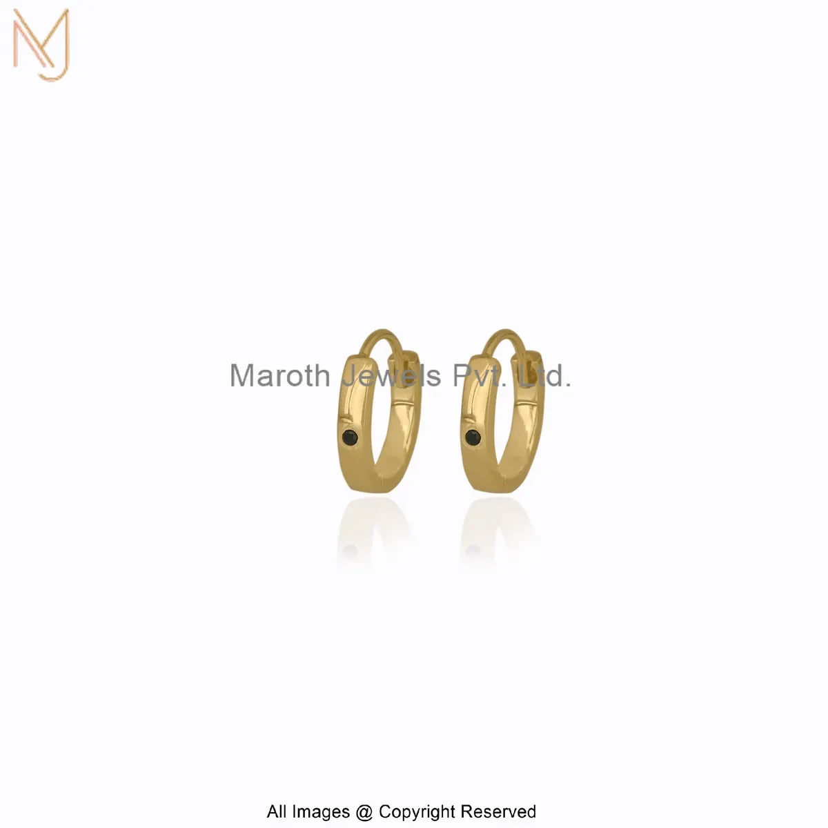 925 Silver Yellow Gold Plated Black Spinel Huggies Hoop Earring Jewelry Supplier
