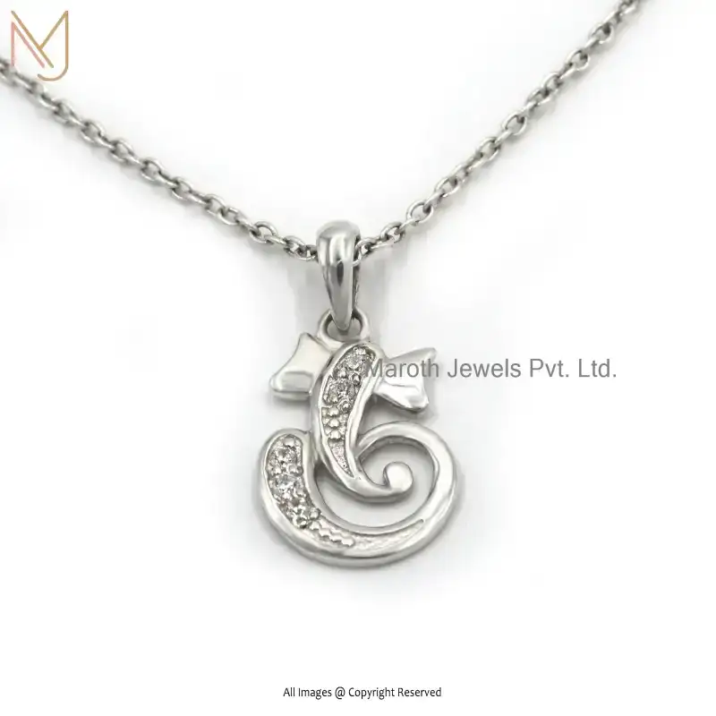 925 Silver White Gold Plated Diamond Serene Ganesha God Necklace Jewelry Supplier
