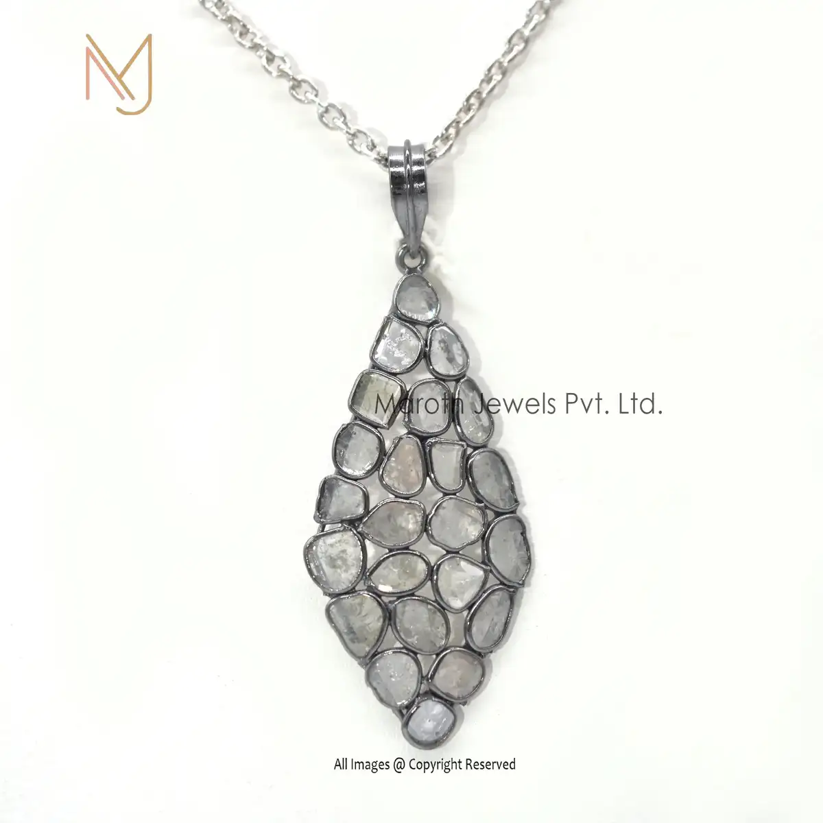 925 Silver Black Rhodium Plated Rose Cut Diamond Jewelry Polki Diamond Pendant USA