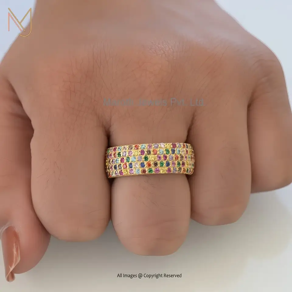 14K Yellow Gold Multi Cubic Zircon Round Cut Eternity Band Ring USA