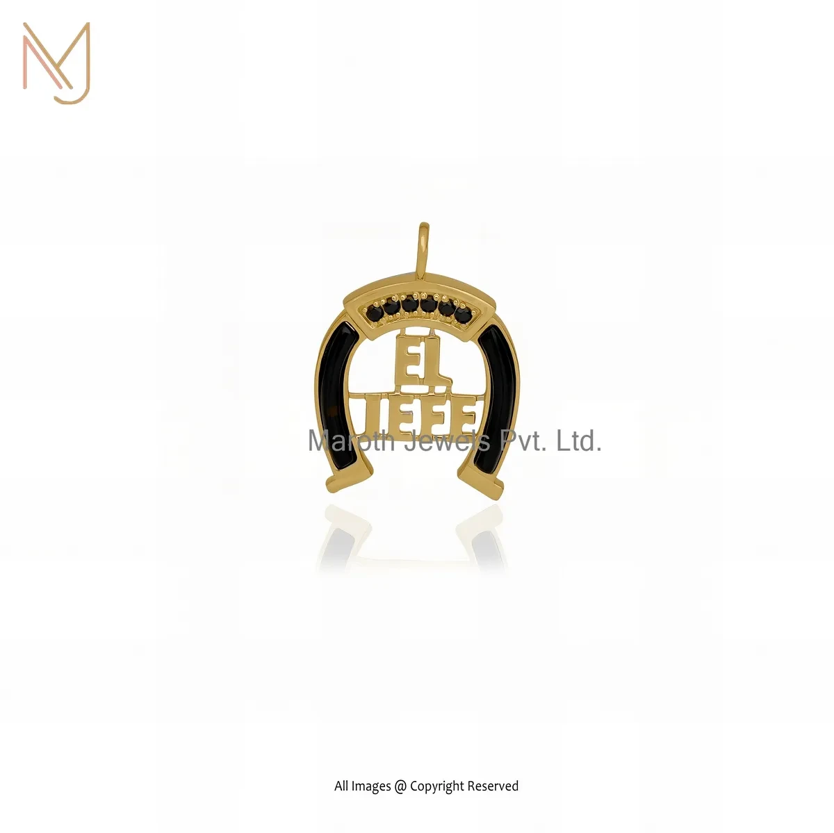 925 Silver Yellow Gold Plated Black Onyx & Black Tourmaline Letter Horseshoe Pendant Manufacturer