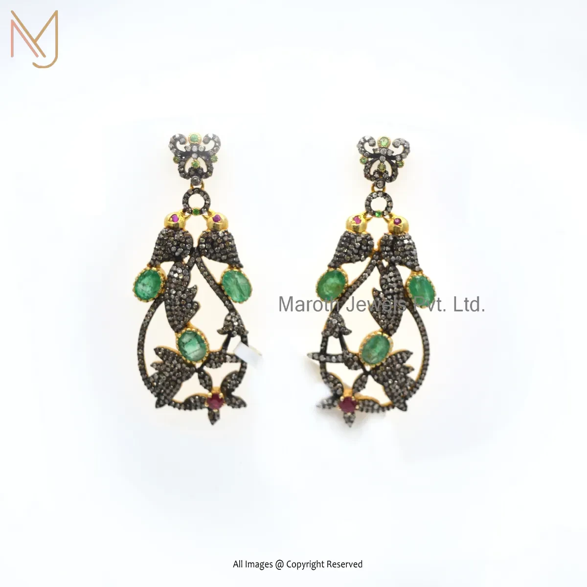 14K Yellow Gold Pave Diamond, Emerald, Pink Sapphire Gemstone Designer Drop Earring USA