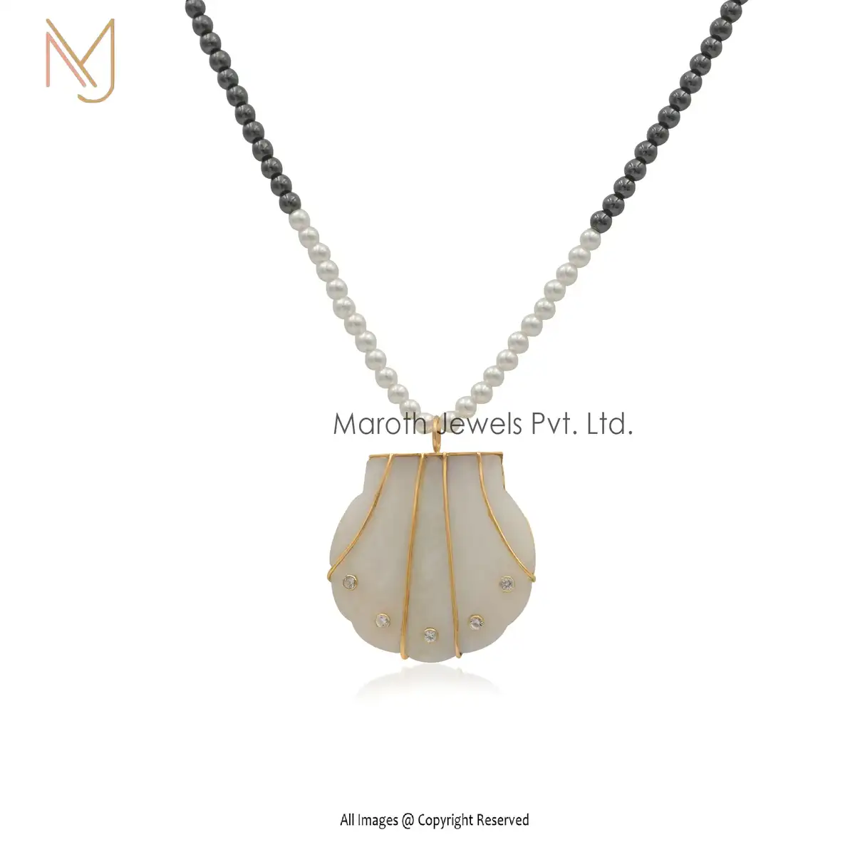 14K Yellow Gold White Agate Rainbow Moonstone Or White Topaz Seashell Pendant USA