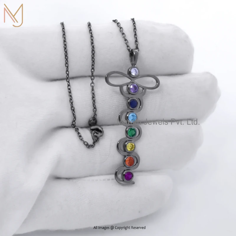 14K Yellow Gold Multi Gemstone CZ Winged Caduceus Chakra Pendant Custom Jewelry