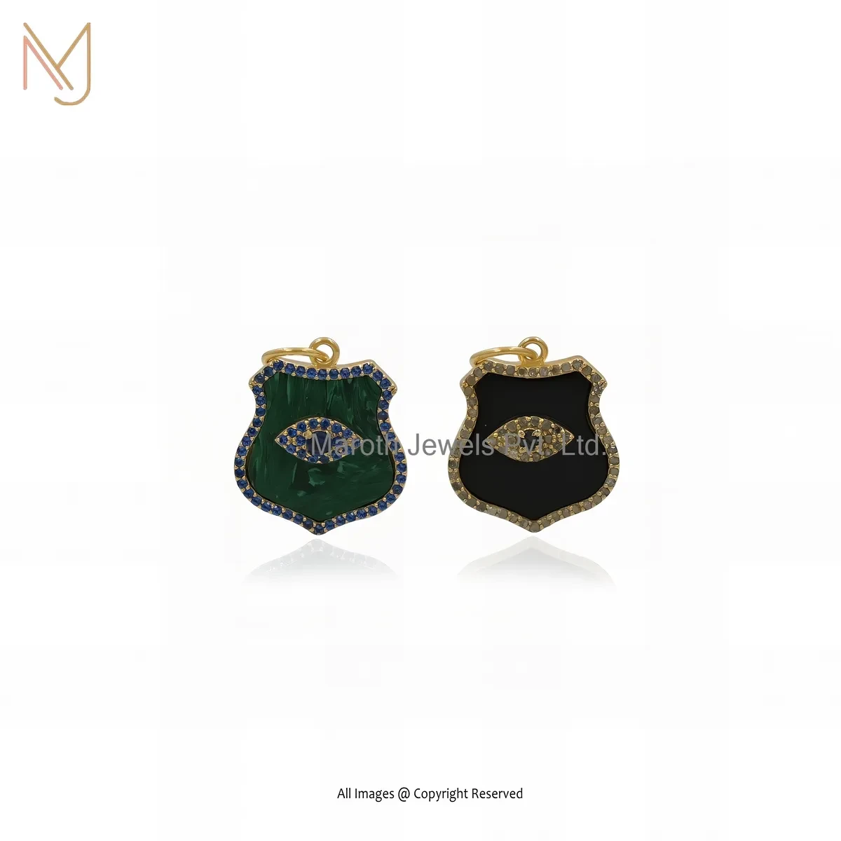 925 Silver Yellow Gold Plated Black Onyx And Diamond, Blue Sapphire Evil Eye Charm Pendant USA