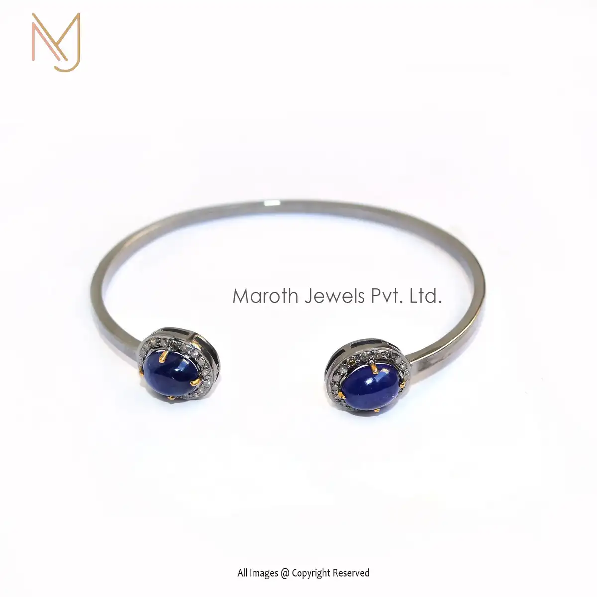 925 Silver Rhodium Plated Pave Diamond Blue Sapphire Gemstone Cuff Bangle Custom Jewelry