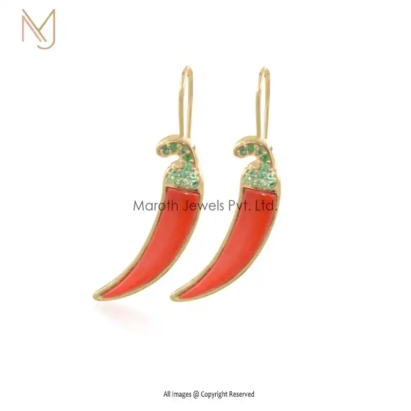 9K Yellow Gold Coral & Emerald Chili Earrings Manufacturer