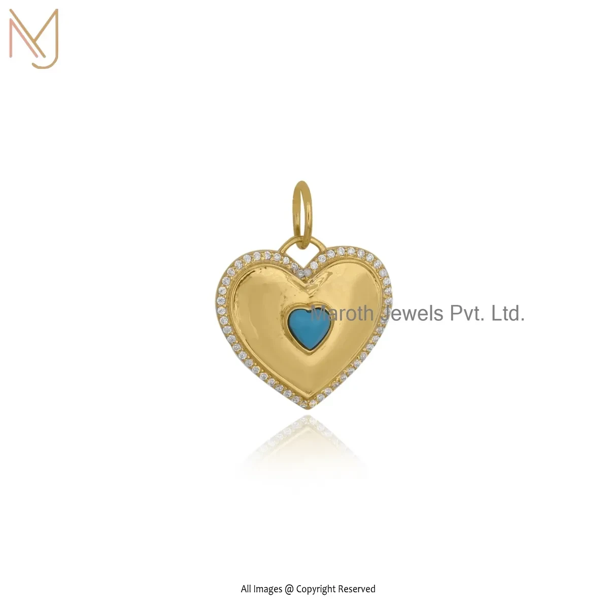 14K Yellow Gold Cubic Zircon & Mother Of Pearl Gemstone Heart Pendant USA