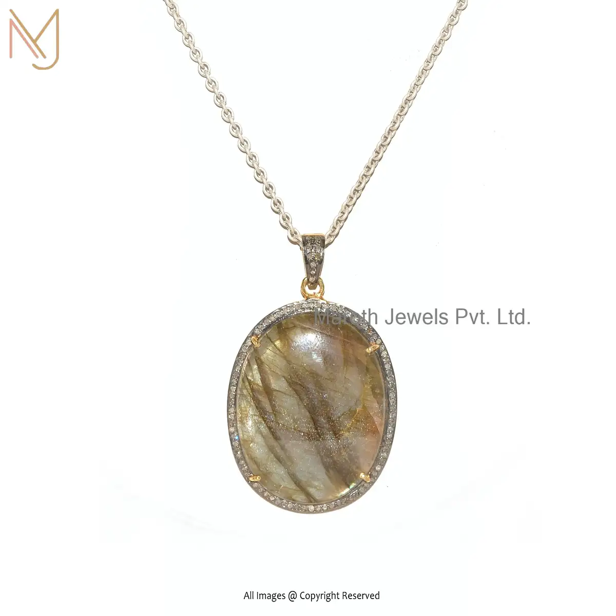 Wholesale 925 Silver Rhodium Yellow Gold Plated Diamond And Labradorite Gemstone Oval Design Pendant Jewelry