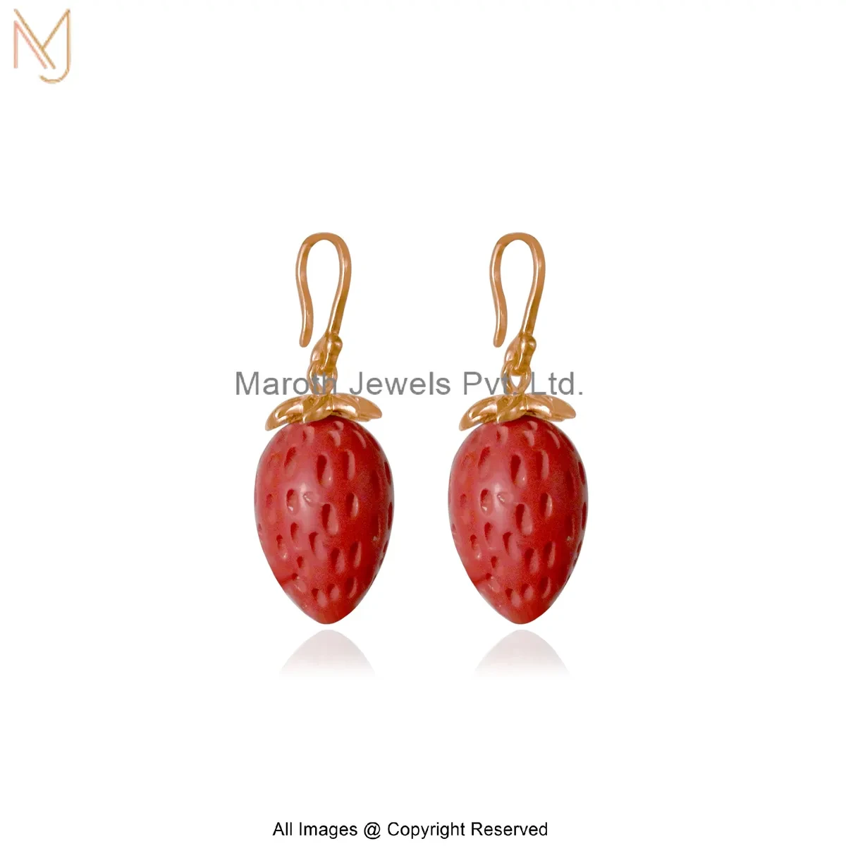 925 Silver Rose Gold Plated Red Coral Strawberry Carved Gemstone Drop Earrings Custom Jewelry