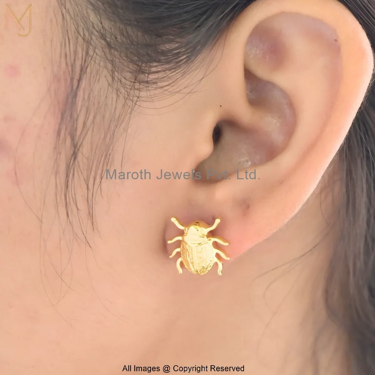 925 Silver Yellow Gold Plated Gold-Toned Scarab Stud Earring Jewelry Supplier