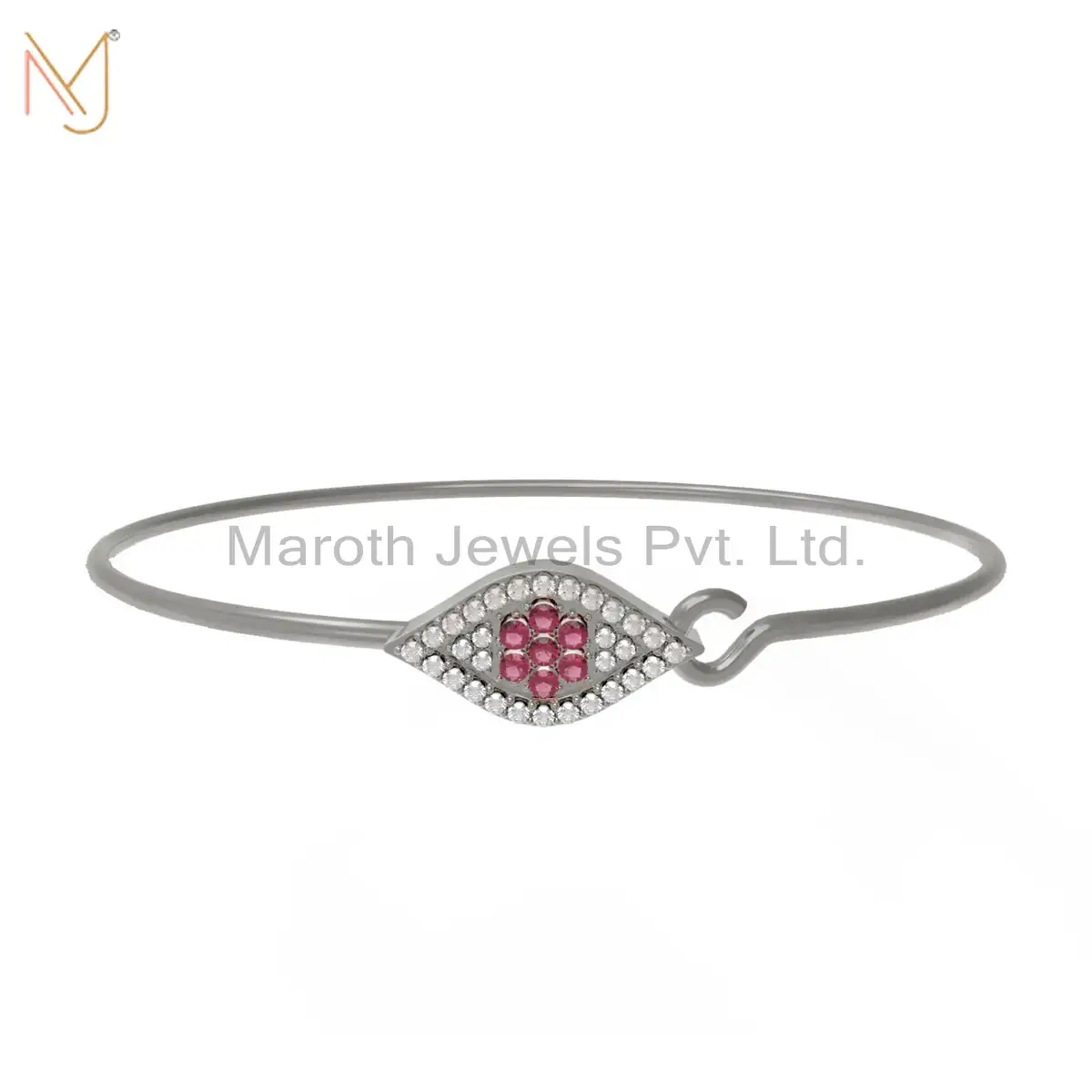 925 Silver Rhodium Plated Pave Diamond Evil Eye Pink Sapphire Gemstone Bangle Manufacturer