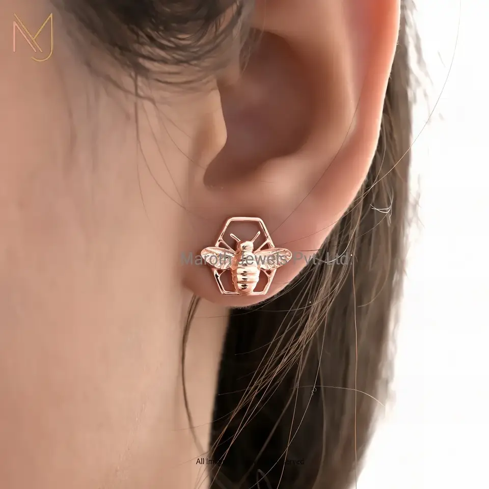 925 Silver Rose Gold Plated Honey Bee Stud Earring Custom Jewelry