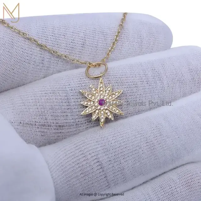 14K Yellow Gold Diamond Garsea Flower Star Pendant Jewelry Supplier