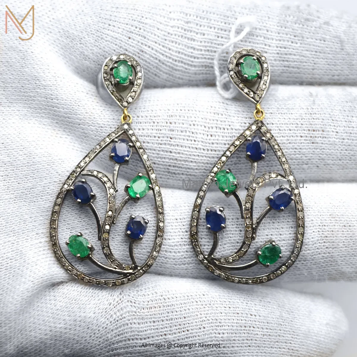 Private Lable 14K Yellow Gold Pave Diamond ,Emerald , Blue Sapphire Drop Earring