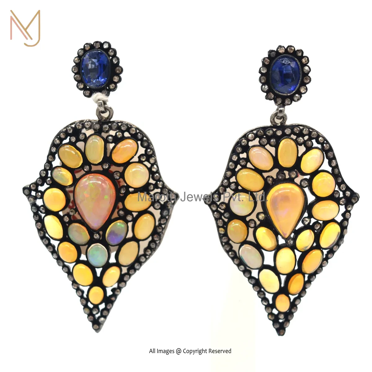 14K White Gold Pave Diamond Opal Kyanite Gemstone Drop Earring Manufacturer